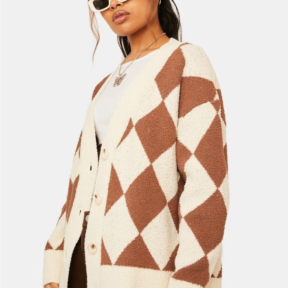 Le Lis Brown and Cream Argyle Cardigan - Picture 4 of 12